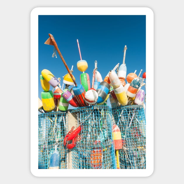 Collection of colorful fishing or lobster trap buoys and markers at wharf in Provincetown, Massachusetts, USA.  Looks great on a sticker and even better as a canvas print on your wall Sticker by brians101